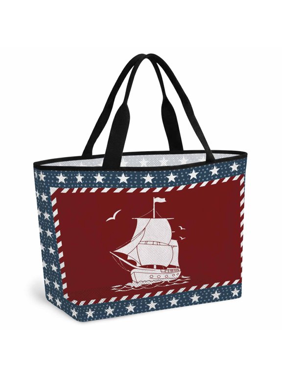 Nautical Sailing Mesh Beach Bag for Women Men,Large Beach Tote Waterproof Sandproof,Red Navy Blue Coastal Stars Ocean Foldable Lightweight Swim Toys Pool Bag Cruise Vacation Travel Essentials