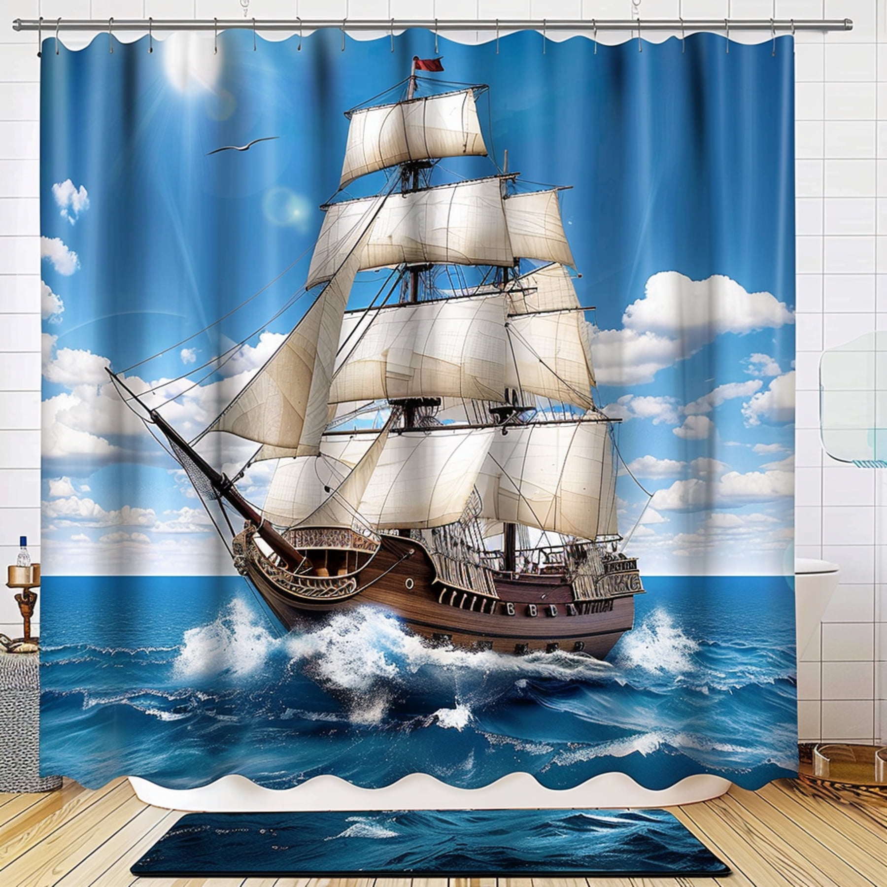 Nautical Sailing Ship Bathroom Decor Set Blue Sea Sky Shower Curtain ...