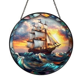 Nautical Sailing Ship Round Glass Style Art, Ocean Boat Scene Decorative Circle Accent for Coastal Home Spaces