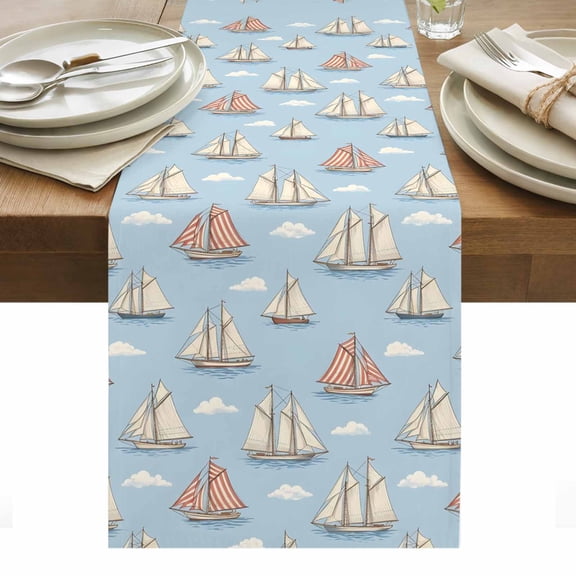 Nautical Sailing Table Runner Cartoon Coastal Sailboat Ocean Simple Art Tablerunners 13 x 36 Inch, Table Decorations Tabletop Scarf for Summer Gathering Holiday Farmhouse Kitchen Dining Decor