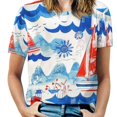 thumbnail image 1 of Nautical Sailing Waves Womens Tops Women's Fashion Casual Short Sleeve Flower Print Round Neck Pullover Top Blouse, 1 of 7