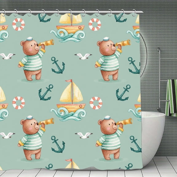 Nautical Sailor Bear Print Shower Curtain,Modern Fabric Waterproof Shower Curtain Set with Hooks 70.8×70.8Inch (180×180cm)