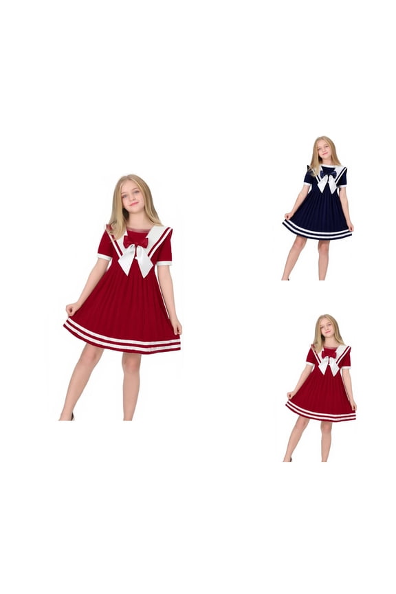 Nautical Sailor Dress, Girls Lightweight Summer Dresses 2-14 Years, Short Sleeve Casual Gowns with Sailor Collar for School Uniform, Spring Print Tops & Skirts Outfits