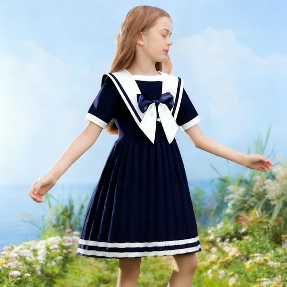 Nautical Sailor Dress for Girls School and Casual Wear Short Sleeve Printed Outfit Toddler to Teen Spring Summer Student Clothes Girls Summer Dress Cassual Formal Dresses Cute Sun Dresses