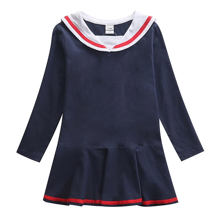 Nautical Sailor Dress Long Sleeve Dress Navy Collar Nautical Sailor Dress  Tunic Outfit Dresse Sundress Strap Dress Everyday Party Casual Wear #Dark  Blue 5-6 Years