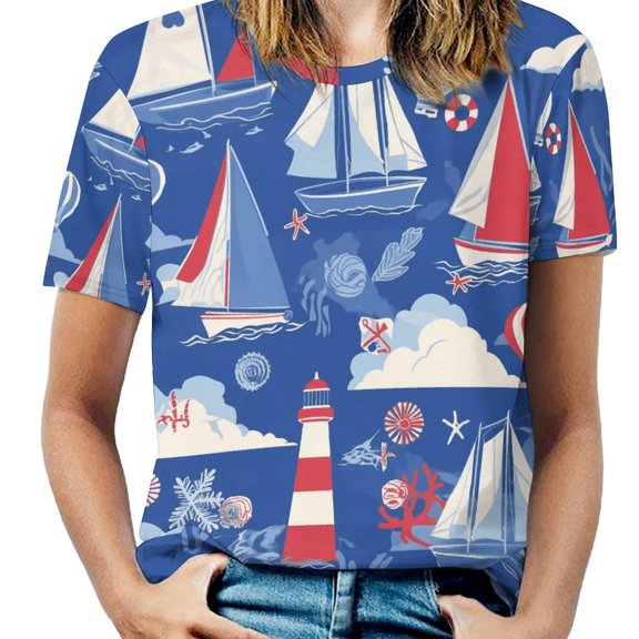 Nautical Sails Lighthouse Balloons Womens Tops Women's Fashion Casual Short Sleeve Flower Print Round Neck Pullover Top Blouse