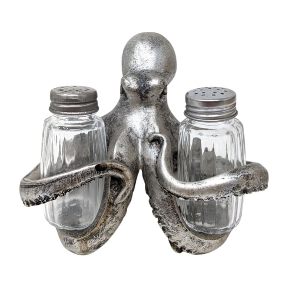 Nautical Salt & Pepper Shaker Set with Silver Octopus Holder - Beach Themed Decor - For Ocean and Coastal Decor Enthusiasts