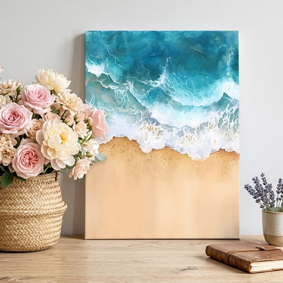 Nautical Scenery Canvas Wall Art, Ocean Waves Summer Beach Watercolor Pictures Wall Decor Wooden Framed Artwork Art Prints for Living Room Hallway Bedroom Office 16"x20"