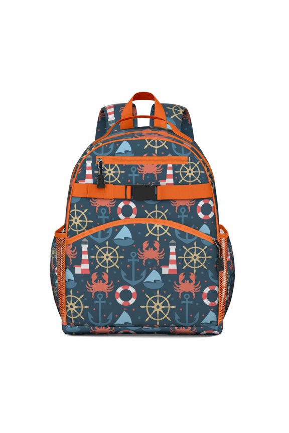 Nautical Sea Students Backpack with Anchor, Boat, Coastal Marine, Ocean Waves, Lighthouse and Tropical Beach Seaside Design
