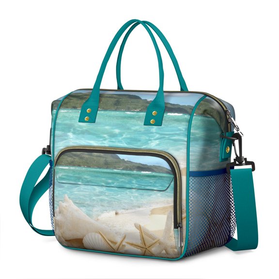 Nautical Sea Theme Lunch Tote, Large Leakproof Insulated Bag with Starfish, Seahorse, and Vintage Ocean Pattern, Ideal for Summer Travel