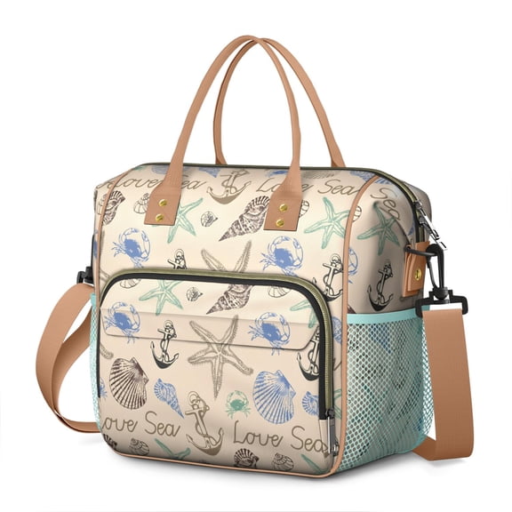Nautical Sea Theme Lunch Tote, Large Leakproof Insulated Bag with Starfish, Seahorse, and Vintage Ocean Pattern, Ideal for Summer Travel