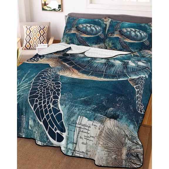 Nautical Sea Turtle Full Size Down Alternative Comforter, Lightweight Comforter Quilt Bedding Set with Pillow Shams Coastal Vintage Ocean Shells All Seasons Bed Comforter Duvet Insert 78"x90"