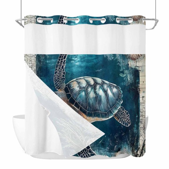 Nautical Sea Turtle No Hook Shower Curtain Waterproof, Bathroom Curtains with Snap in Liners and See Through Top Window, Coastal Vintage Ocean Shells Hotel Style Bathtub Curtains Shower 72"Wx72"L