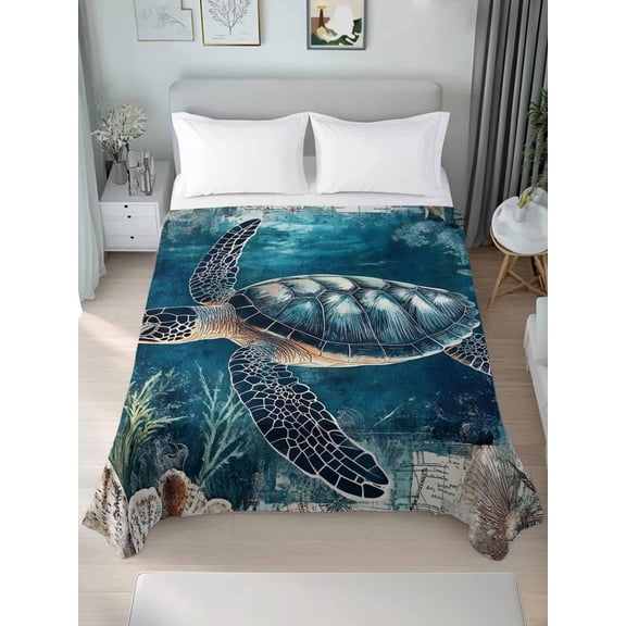 Nautical Sea Turtle King Size Flat Sheet, Wrinkleproof & Fadeproof Cooling Flat Bed Sheet Only, Coastal Vintage Ocean Shells Breathable Soft Bedding Top Sheets 105 x 98 Inches