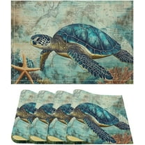 Nautical Sea Turtle Placemat Ocean Table Mat Washable Kitchen Heat Resistant Non-Slip Linen Place Mats for Dining Table Party Decoration Set of 4, 12x18 Inch