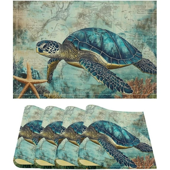 Nautical Sea Turtle Placemat Ocean Table Mat Washable Kitchen Heat Resistant Non-Slip Linen Place Mats for Dining Table Party Decoration Set of 4, 12x18 Inch