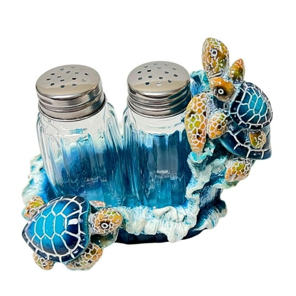 Nautical Sea Turtle Salt and Pepper Shakers Set with Holder for Beach House Interiror Style - Coastal Living Room Accents, and Marine Life Theme Decorative Shakers Set