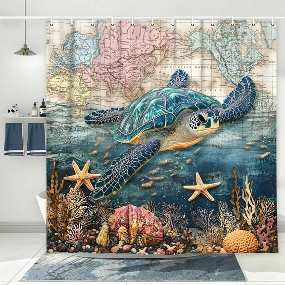 72x72in Waterproof Sea Turtle Shower Curtain Set, Vintage Coastal Map Bathroom Decor with Starfish Seashells & Hooks - Ocean Beach Theme