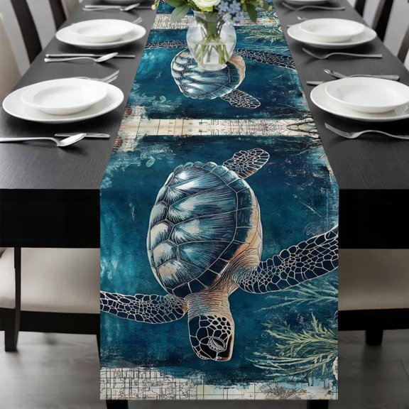 Nautical Sea Turtle Table Runner 72 Inches Long, Coastal Vintage Ocean Shells Kitchen Coffee Dining Table Decoration for Home Party Birthday Wedding Home Decor 14x72 Inches