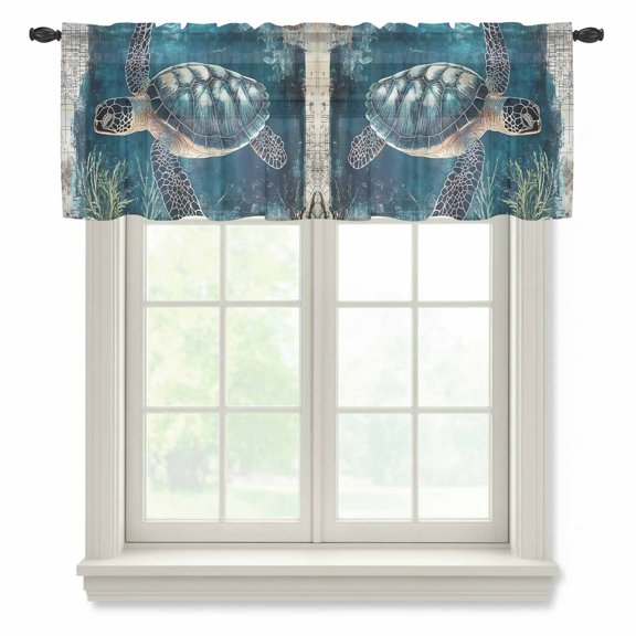 Nautical Sea Turtle Valance Curtains for Kitchen/Living Room/Bathroom/Bedroom Window, Rod Pocket Small Topper Half Short Window Curtains Voile Sheer Scarf, Coastal Vintage Ocean Shells 42"x12"