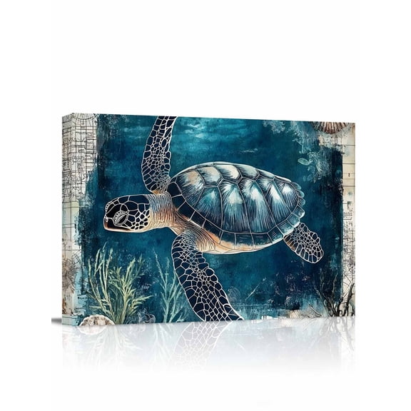 Nautical Sea Turtle Wall Art for Living Room,Canvas Picture Wall Decor for Bathroom Bedroom,Coastal Vintage Ocean Shells Painting Artwork for Office Kitchen Hallway Dining Room Home Decor 12"x16"