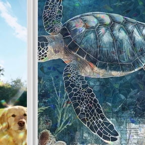Nautical Sea Turtle Window Privacy Film Stain Glass,Reusable Decorative Rainbow Window Film,Coastal Vintage Ocean Shells Static Cling Sun Blocking Stickers Decals Covers 19.6" x 39.3" (2pcs)