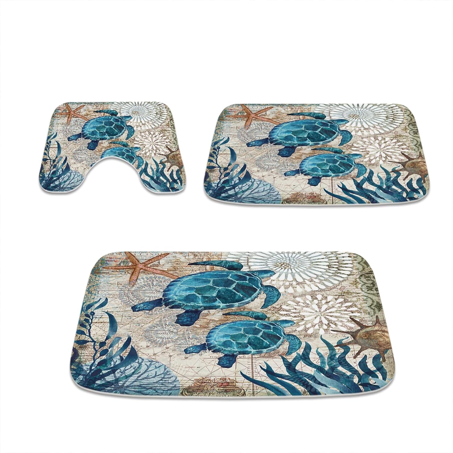 Nautical Sea Turtles Blue Ocean Beach Bathroom Rugs and Mats Sets 3