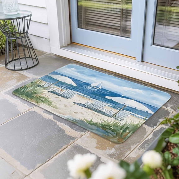 Nautical Sea Wave Blue Door Mat Indoor Outdoor, Ocean Coastal Beach Plant Non Slip Welcome Mat with Rubber Backing, Absorbent Fabric Front Door Mats Entryway Rug for Home Patio Entrance 16"x24"