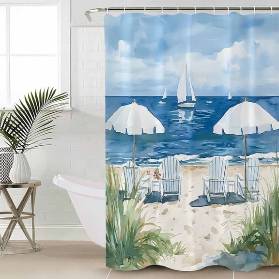 Nautical Sea Wave Blue Extra Long Shower Curtain Set, Waterproof Shower Curtains for Bathroom, Ocean Coastal Beach Plant Washable Fabric Cloth Bath Curtain for Bathtub with Hooks 72x96 Inches