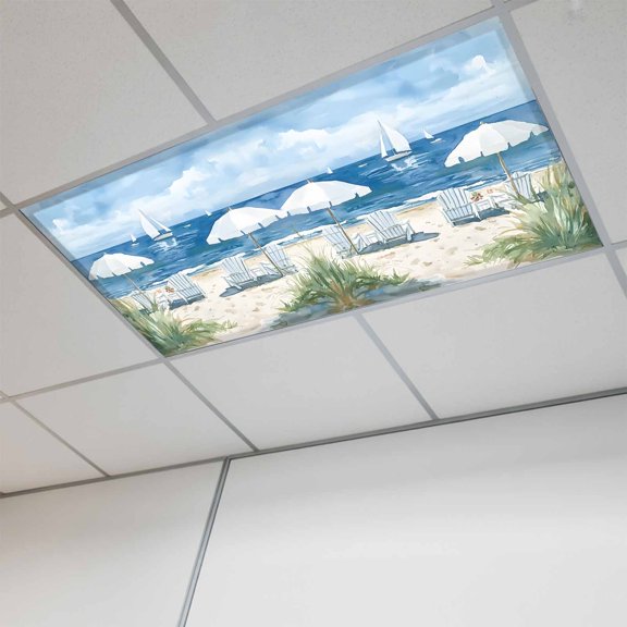 Nautical Sea Wave Blue Fluorescent Light Covers, Ocean Coastal Beach Plant Magnetic Light Covers for Ceiling Lights, Fluorescent Ceiling Shade Filters for Classroom Bedroom Office 4x2Ft x 1PCS