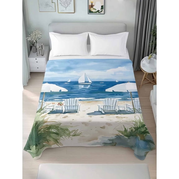 Nautical Sea Wave Blue King Size Flat Sheet, Wrinkleproof & Fadeproof Cooling Flat Bed Sheet Only, Ocean Coastal Beach Plant Breathable Soft Bedding Top Sheets 105 x 98 Inches