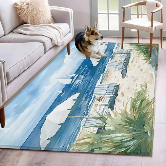 Nautical Sea Wave Blue Runner Rug 2.7x5 FT, Non Slip Entryway Carpet, Ocean Coastal Beach Plant Washable Soft Floor Carpet Entrance Mat Non-Shedding Throw Rug for Hallway Laundry Room Bedside