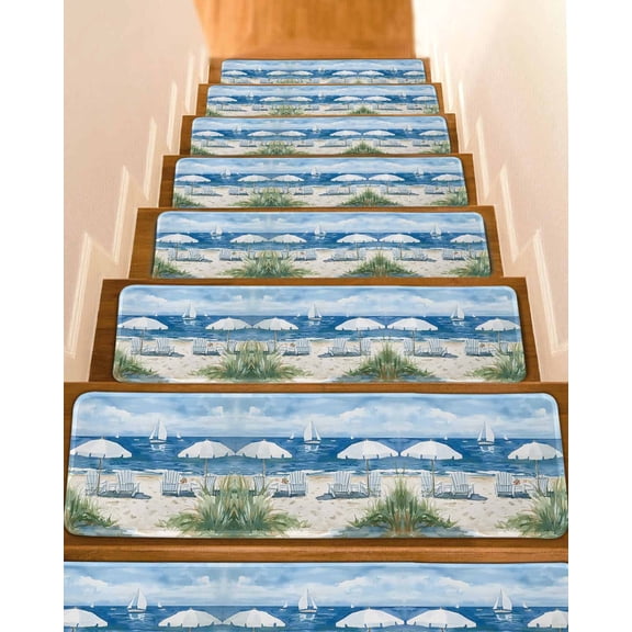 Nautical Sea Wave Blue Stair Treads for Wooden Steps Indoor Runner Rug Carpet, Ocean Coastal Beach Plant 15 Pieces Peel and Stick Staircase Step Treads Covers Washable Throw Door Mats, 30"x8"