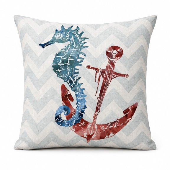 Nautical Seahorse Anchor Throw Pillow Cover, Coastal Ocean Decor, 18 x 18 in