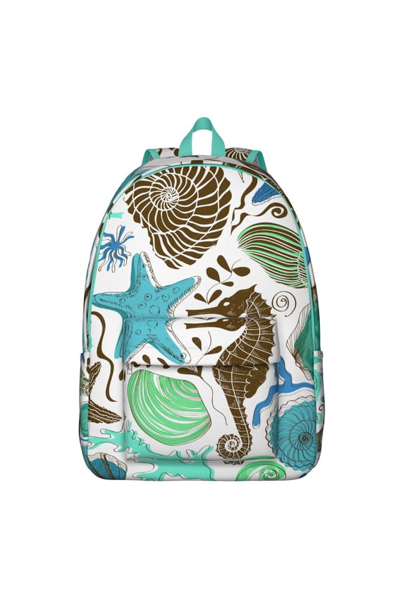 Nautical Seahorse Marine Canvas Bookbag – Lightweight Travel Backpack with Coral and Ocean Print, Comfortable Carrying, Anti-theft Multifunctional Features for Daily Commuting and Beach Trips