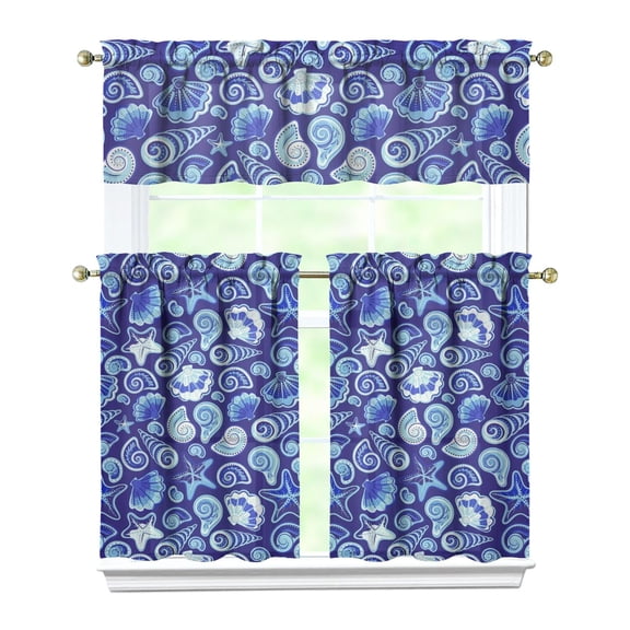 Nautical Seashell Kitchen Curtains Set, Cute Spiral Shell & Starfish Print Tier Curtains with Valance for Bathroom