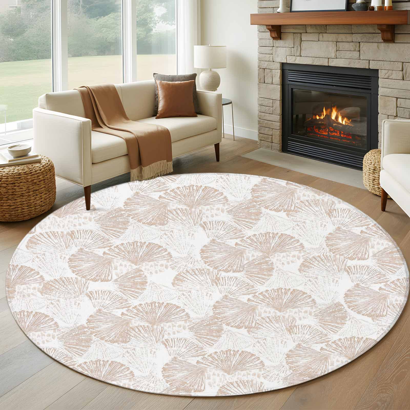 Nautical Seashell Round Area Rug 8Ft Washable Large Circle Rugs for Living Room Dorm, Summer Coastal Marine Shells Beige Non-Slip Carpet Floor Mats Indoor Outdoor Carpet Runner Aesthetic Home Decor