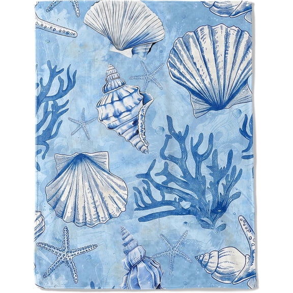 Nautical Seashells and Coral Flannel Blanket Lightweight Soft Cozy Gifts Throw for Marine Life Lovers, Kids,Women,Starfish Blankets,Home Room Modern OceanInspired Decor 50x60 in