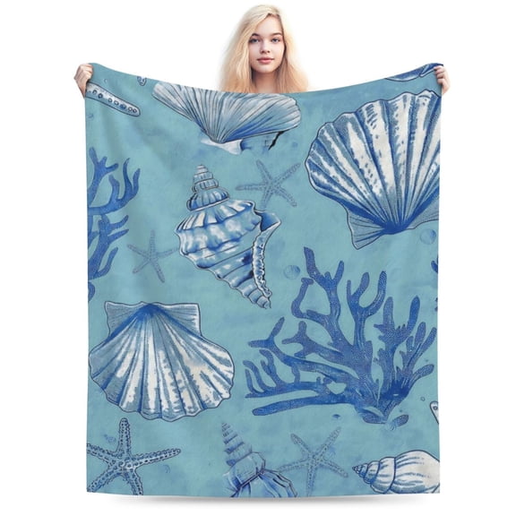 Nautical Seashells and Coral Fleece Blanket - Lightweight Soft Cozy 50x40