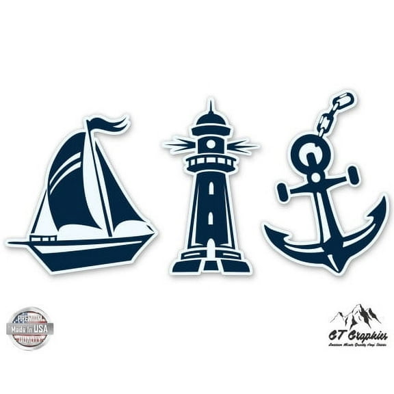 Nautical Set Sailboat Anchor Lighthouse - 5" Vinyl Sticker - For Car Laptop I-Pad - Waterproof Decal