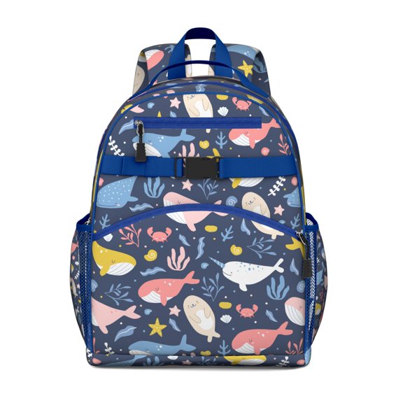 Nautical Shark And Whale Students Backpack, Underwater Marine Life Ocean Tropical Sea Abstract Funny Cute Design