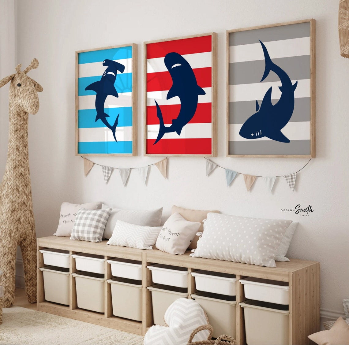 Shark Project Drawings Nautical Shark Wall Art Prints, Coastal Baby Nursery Gallery Decor ...