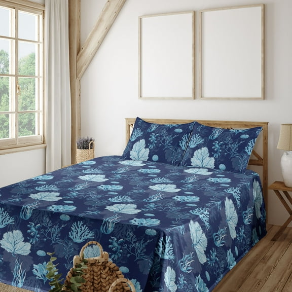 Ambesonne Nautical Fitted & Flat Sheet with Sham 3 Pcs Set, Cartoon Coral Seaweed Art, Twin, Dark Lavender and Sea Blue