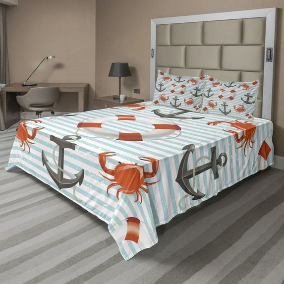 Ambesonne Coastal Fitted & Top Sheet Set with Shams, Life Rings Anchor Theme, Scarlet Black and Teal