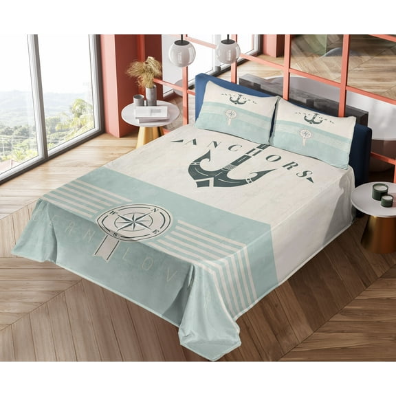 Ambesonne Nautical Fitted & Top Sheet Set with Shams, Vintage Marine Anchor, Seafoam Beige and Black