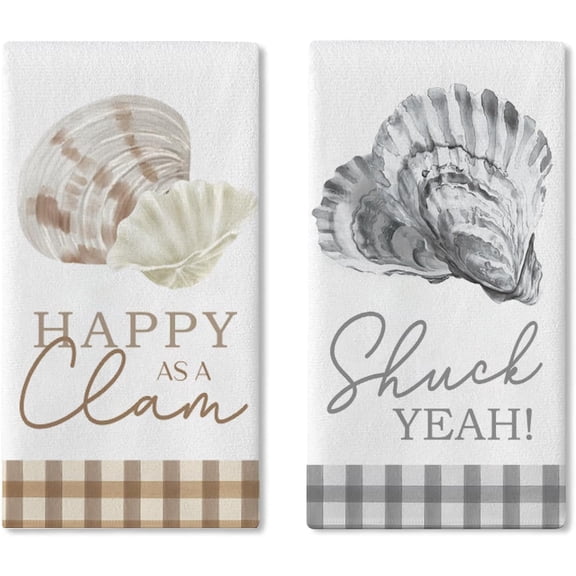 Nautical Shell Kitchen Dish Towels Set of 2, Beach Coastal Ocean Happy As A Clam Shuck Yeah Drying Hand Towel Baking Cooking Cloth, Funny Sea Plaid Farmhouse Bathroom Home Decor 18'' x 26''