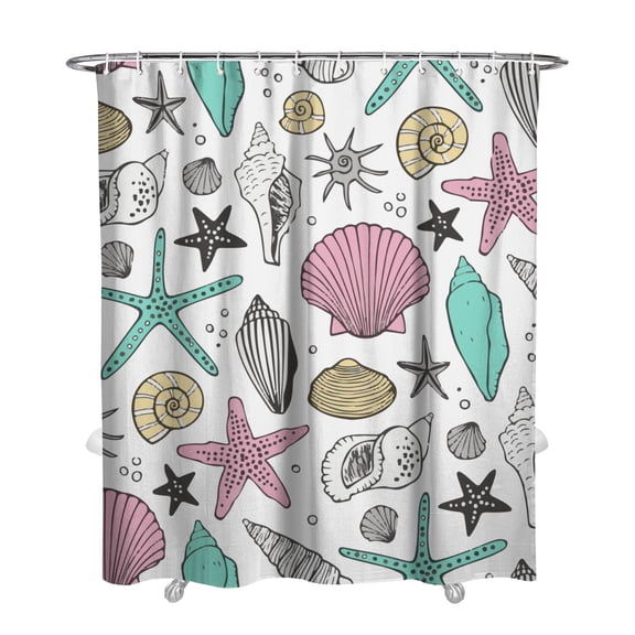 Nautical Shell Pattern Shower Curtain 72x84in, Waterproof Chun Yafang Polyester Fabric, Mold Resistant, Includes 12 Plastic Hooks, Perfect for Beach or Coastal Bathroom Use