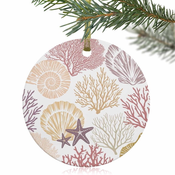 Nautical Shell Pink Coral Conch Christmas Ceramic Ornament 2025,3" Round Xmas Tree Hanging Accessories with Gold Ribbon