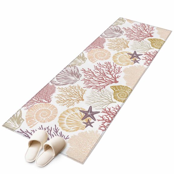 Nautical Shell Pink Coral Conch Non-Slip Non-Shedding Floor Mat, Mbre Ocean Starfish Watercolor Washable Sturdy Carpet for Living Room Bedroom Home Decor
