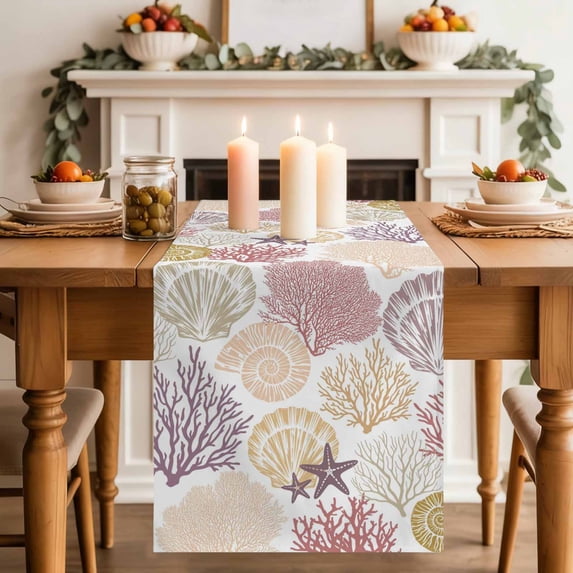 Nautical Shell Pink Coral Conch Table Runner 70 Inches Long,Kitchen Dining Tablerunners Mbre Ocean Starfish Watercolor Linen Table Runners Dresser Scarves for Home Dinner Wedding Holiday Party Decor